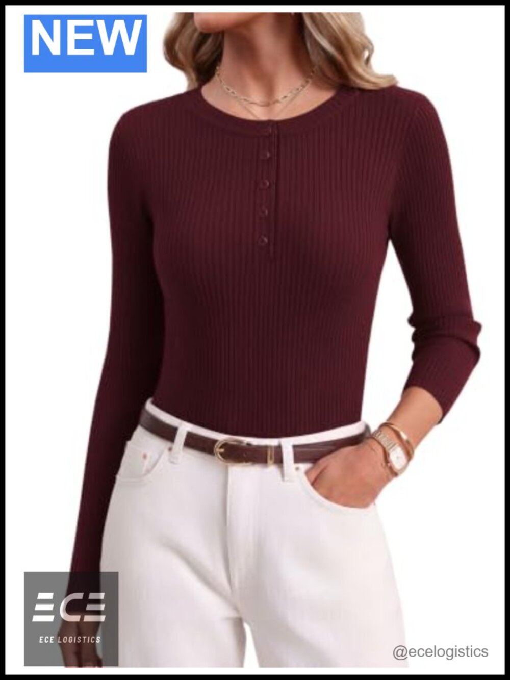 Ekouaer Women's Ribbed Knit Henley Sweater Long Sleeve Button Front